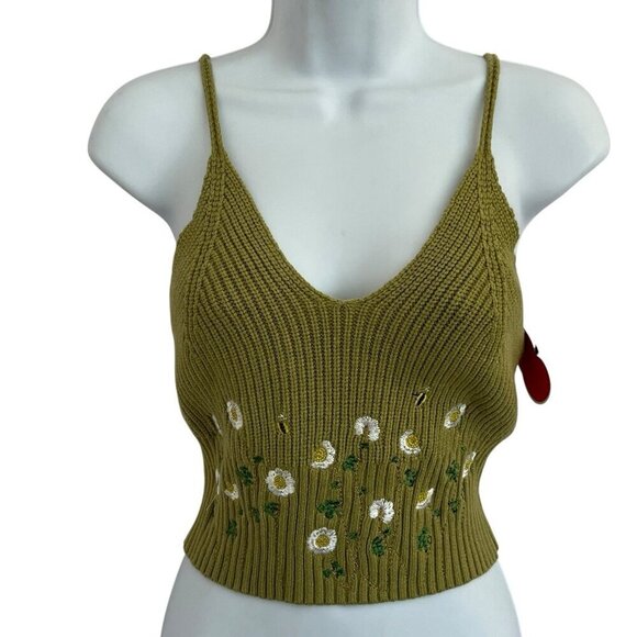 Cider XL Knit Floral Crop Tank Top Olive Green Bees Flower Garden Cottagecore - Picture 1 of 11